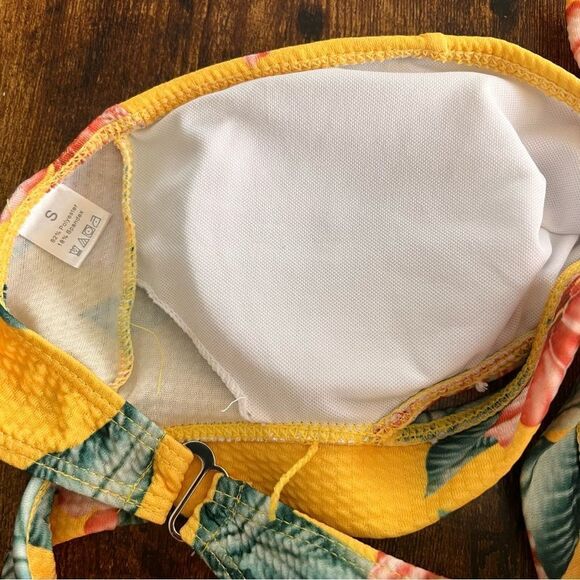 Yellow Tropical Floral Cutout Bandeau Side Tie Bikini - Picture 7 of 8